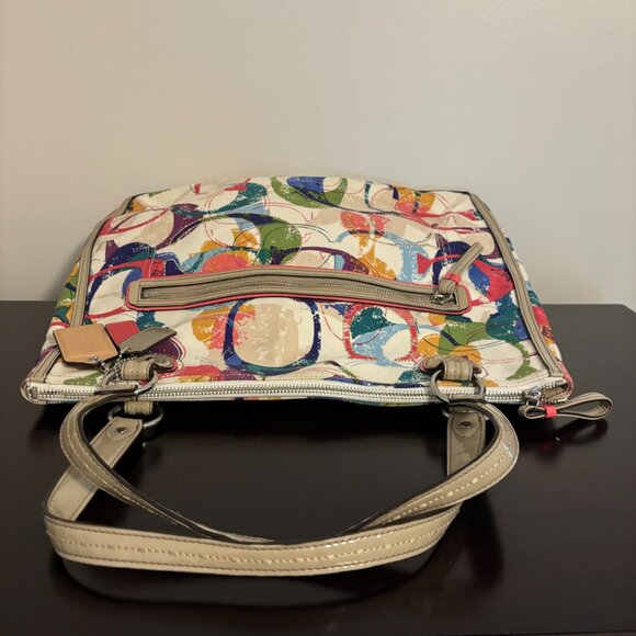 Coach Poppy Colorful Signature Canvas Hallie East/West Taupe Patent Leather Tote - Picture 8 of 14